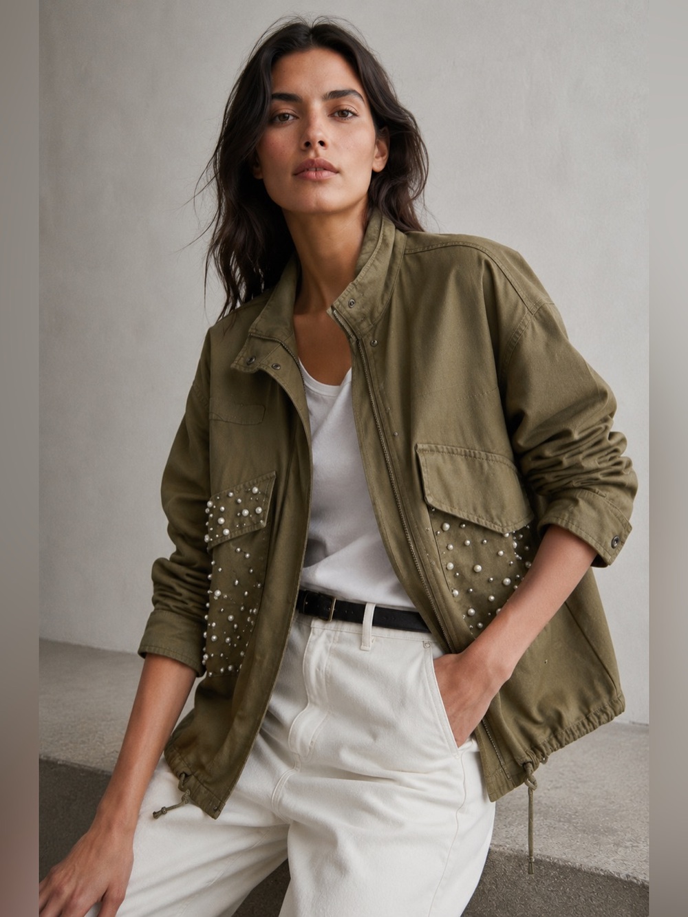 Zara TRF oversized green jacket with pearl embellishments OVERSIZED